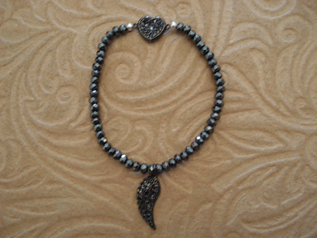 Model # 2701 Hematite Stone with Sterling Silver Black Cubic Zirconia Heart and Hanging Wing