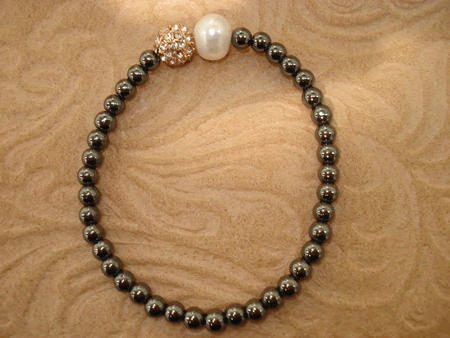 Model # 2901 Smooth Hematite Stone with Gold Cubic Zirconia Pave Ball and Fresh Water Pear