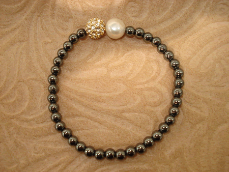 Model # 2901 Smooth Hematite Stone with Rose Gold Cubic Zirconia Pave Ball and Fresh Water Pearl