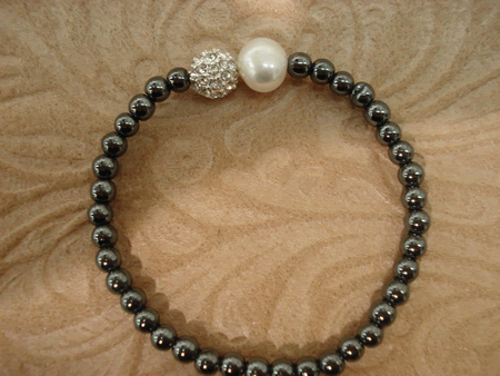 Model # 2903 Smooth Hematite Stone with Sterling Silver Cubic Zirconia Pave Ball and Fresh Water Pearl