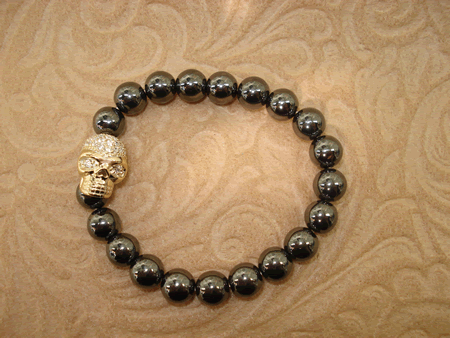 Model # 3202 8 mm Hematite Stone with Gold Cubic Zirconia Skull