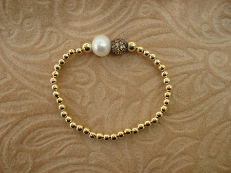 Model # 4109 Gold Filled Beads with Sterling Cubic Zirconia Champagne Pave Ball and Fresh Water Pearl