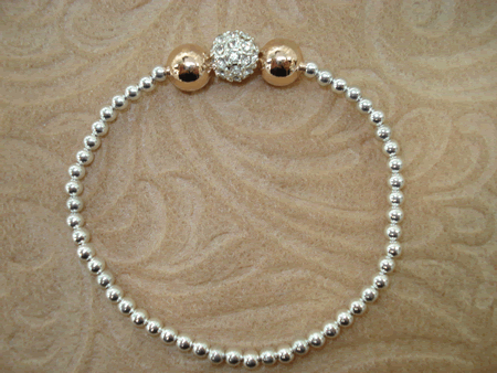 Model # 5102 3 mm Sterling Silver Beads with Rose Gold Beads and Sterling Silver Cubic Zirconia Pave Ball